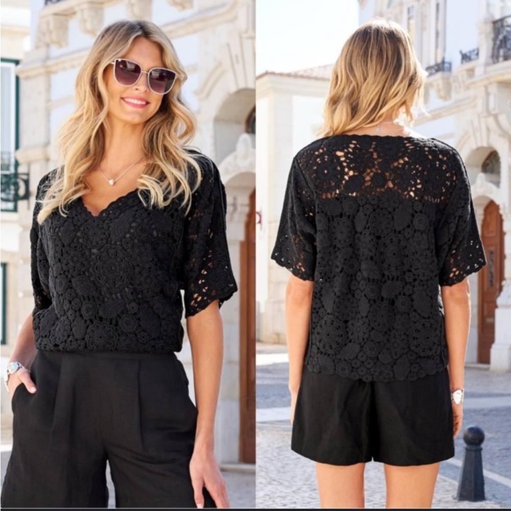 Boston Proper Black Crocheted Cottage Core Blouse